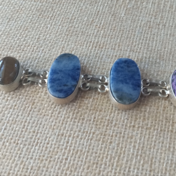 Sterling Silver Vintage Multi -Stone Tiger Eye, Sodalite Bracelet - Picture 5 of 12